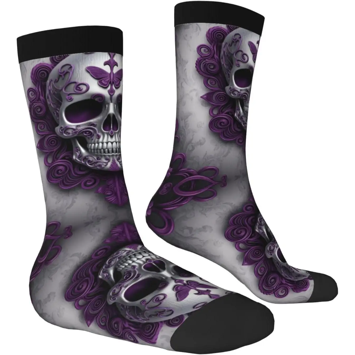 

Новинка для мужчин и женщин с фиолетовым цветком и черепом, носки для экипажа контрастного цвета, дизайн для женщин и мужчин, подарок, дышащие, нескользящие, спортивные