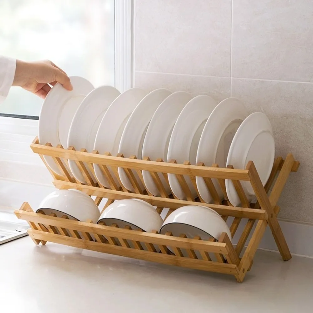 

Durable 2 Tier Folding Dish Rack Retro Bamboo Drying Holder Collapsible Natural Dish Drying Rack Restaurant