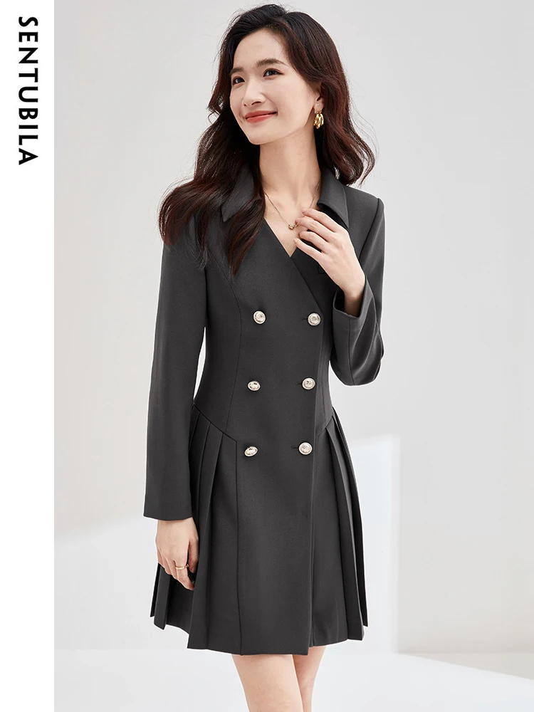 SENTUBILA Elegant Pleated Blazer Dresses for Women 2024 Spring Autumn Office Ladies Double Breasted Mini Dress Woman 133L52256