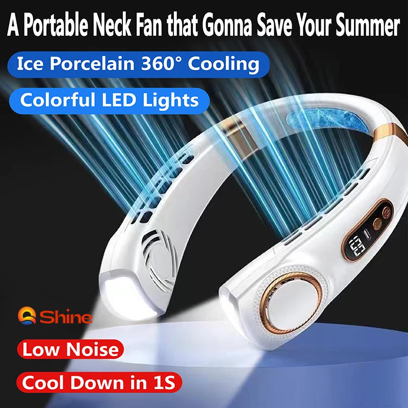 

Portable Neck Fan USB Handheld LED Digital Display 5th Gear Wind Mini Electric Fan With Colorful Atmosphere Lights for Camping