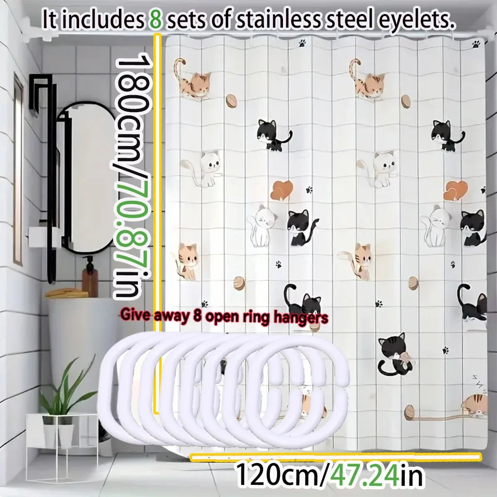 Simple cartoon naughty cat shower curtain Bathroom shower curtain easy to clean and scrub PEVA waterproof material light opaque