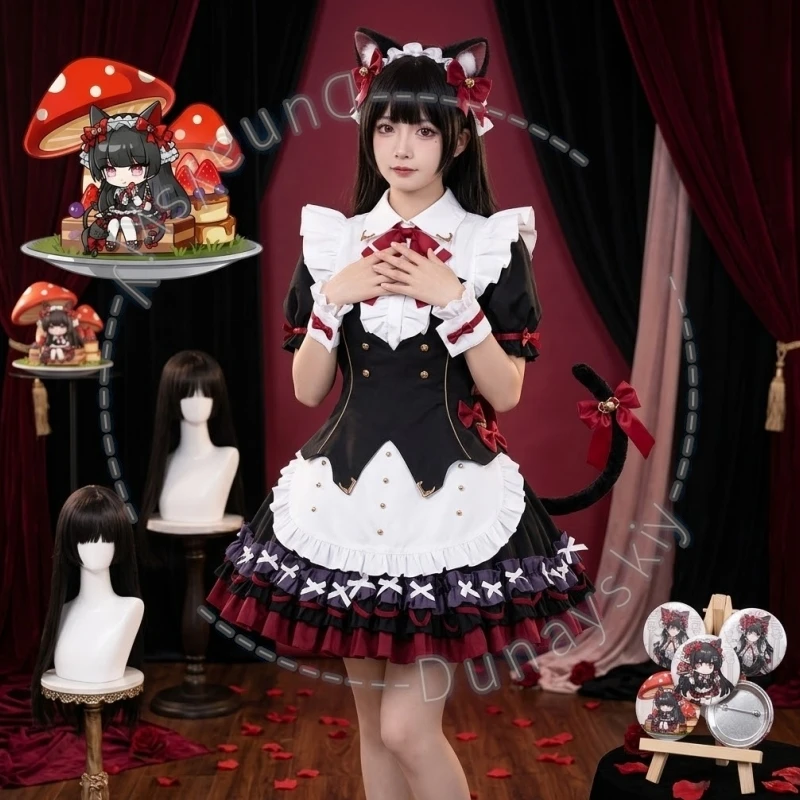 Chisa Cat Tail Sweet Gothic Black White Red Ruffle Maid Mini Dress Bow Long Wig Halloween Party Cosplay Wuthering Waves Badge