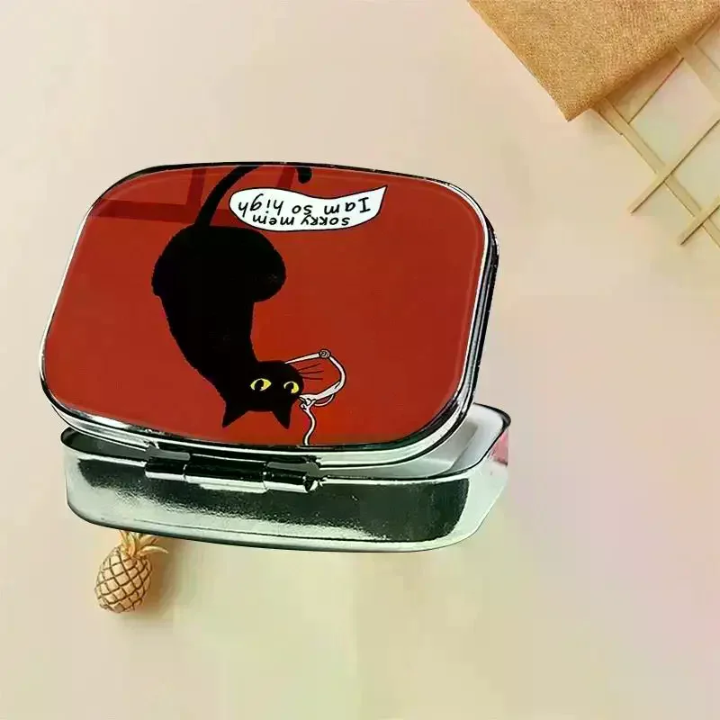 Black Cat Portable Pill Box 2 Grid Metal Mini Medicine Case Pill Organizer Small Travel Medicine Box For Pocket & Purse Funny