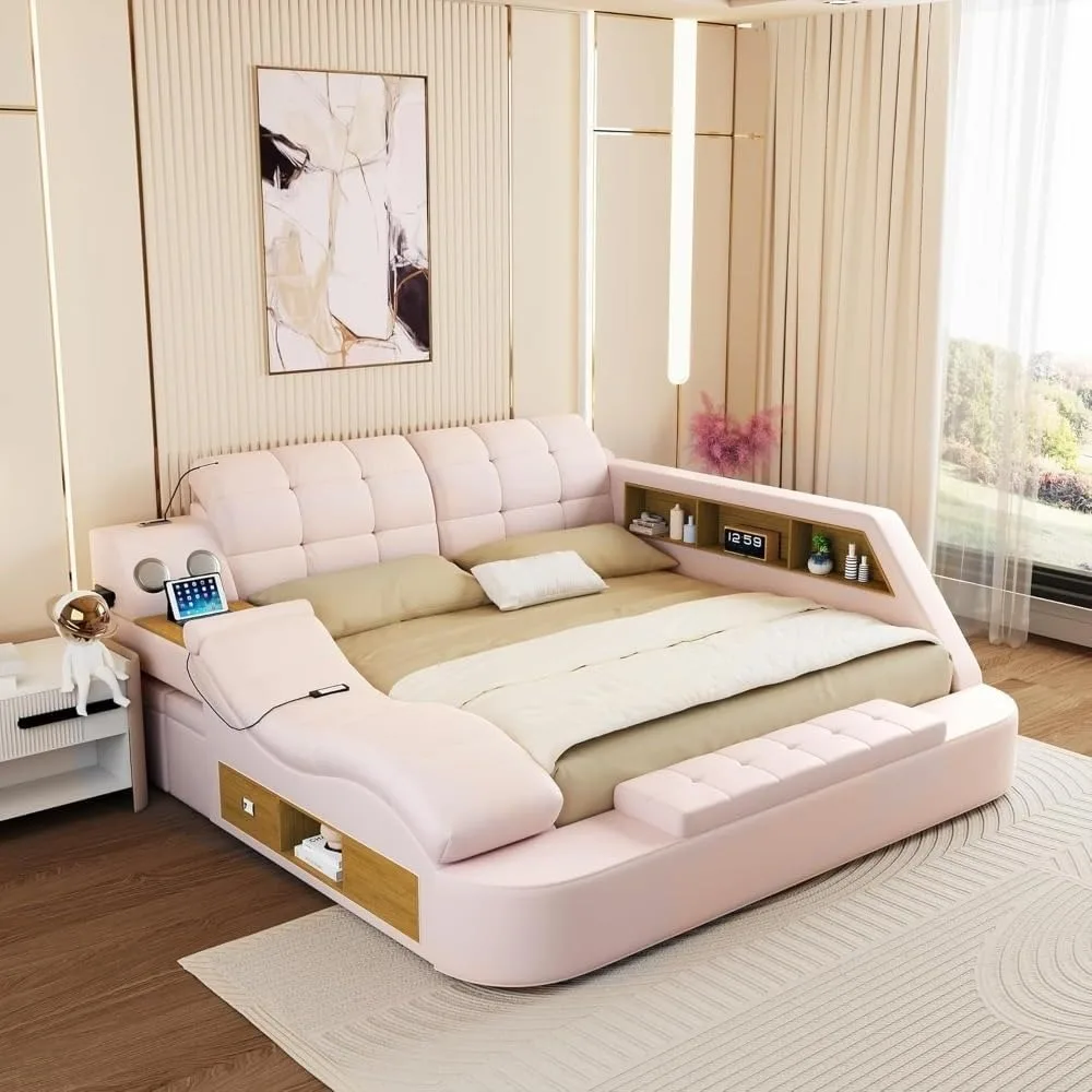 Multifunction Smart King Bed Frame,Modern Luxury Bed Frame,Leather Bedroom Bed Furniture with Massage Recliner,Bluetooth Speaker