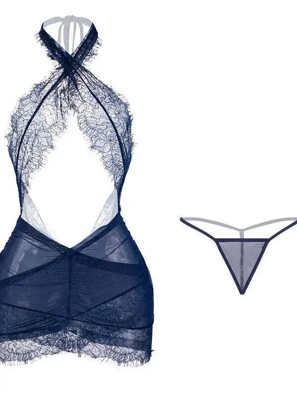Sexy Women's Tight Halter Lace Secretary Uniform Soft Sheer Bodycon Dress Elegant Nightdress Blue Tank Mini Dress Tops XR80