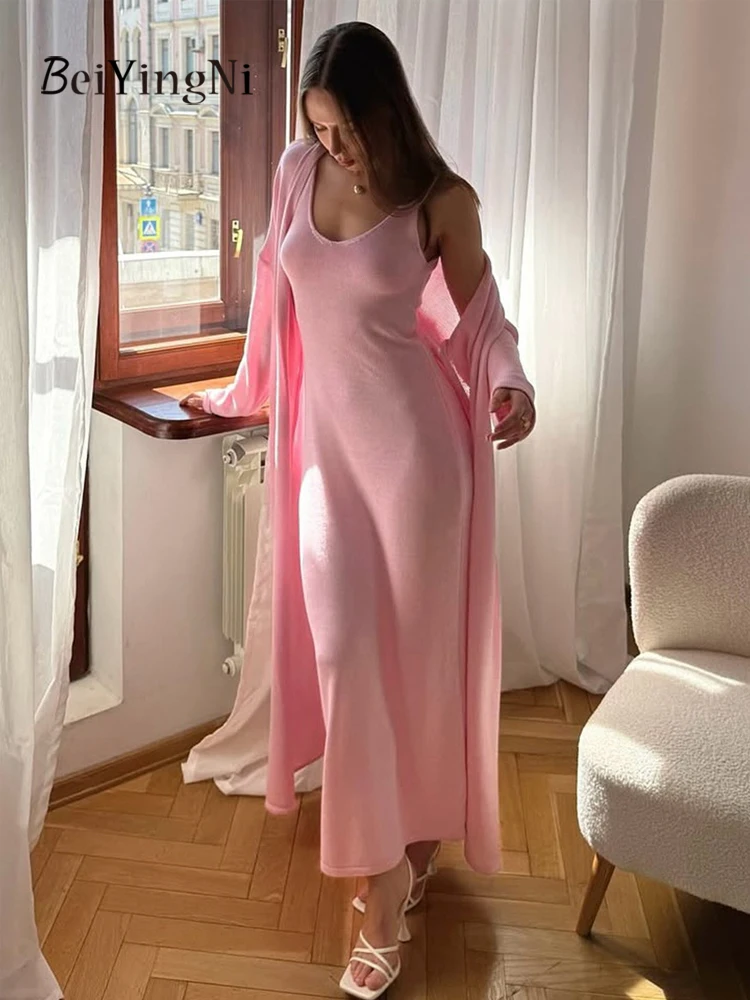 

Beiyingni Women's Knitted Long Cardigans + Spaghetti Strap Maxi Dress 2 Piece Sets 2025 Autumn Winter Elegant Dresses Suits Robe