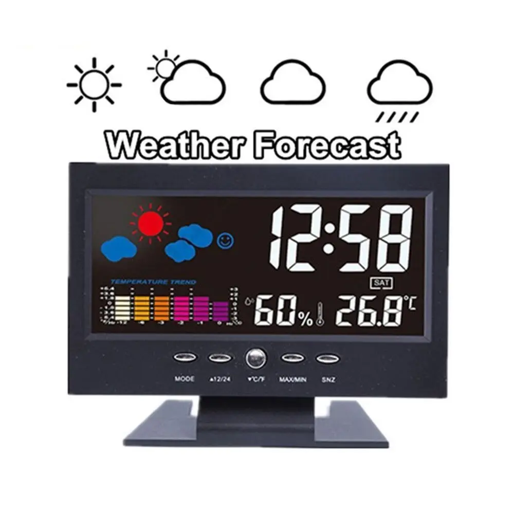 LCD الإضاءة الخلفية الرقمية غفوة المنبه ، محطة توقعات الطقس ، درجة الحرارة الداخلية ، وقت الرطوبة ، عرض التاريخ #2