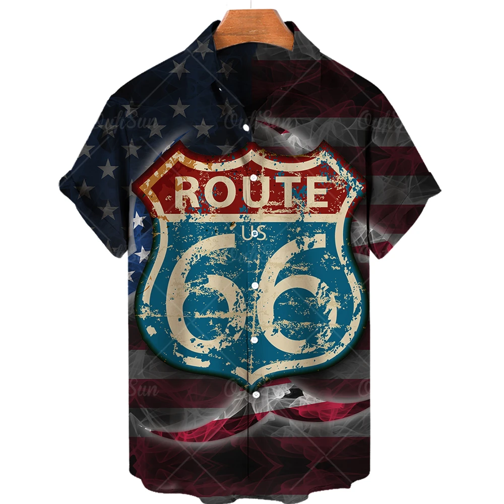 2022 Sommer Route 66 Vintage Shirt amerikanische Flagge 3D-Druck Hawaii Shirt Vintage Shirt atmungsaktive Kurzarm Revers Shirt Männer