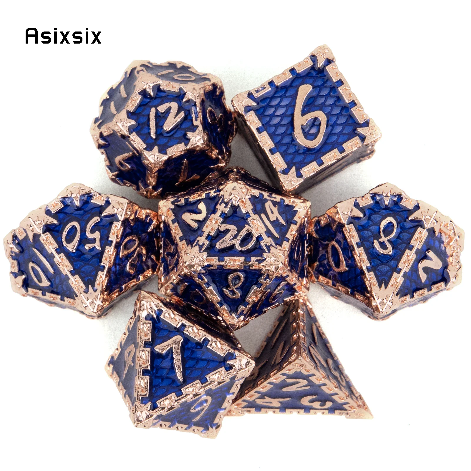 

7 Pcs Blue Golden Fish Scale Metal Dice Solid Metal Polyhedral Dice Set Suitable for Role-Playing RPG Board Game Card Game