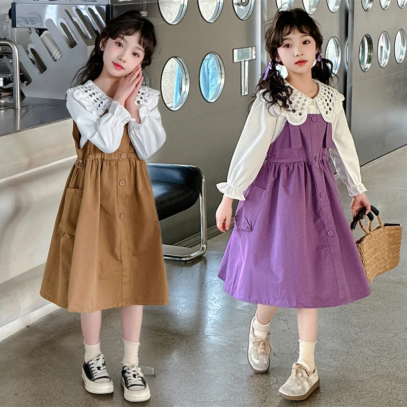 

Одежда для девочек, костюмы для детей, новинка 2024, весенне-летний модный топ и платье, простой повседневный комплект из двух предметов, детская одежда