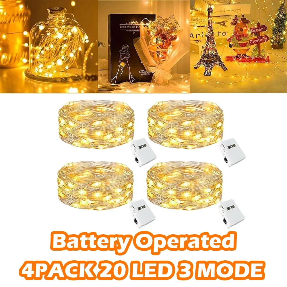 4Pack LED Fairy String Lights 2M/20 LEDs Battery Operated 3 Mode Lamp for Bottle Christmas Tree Wedding Balcony Party Decoration