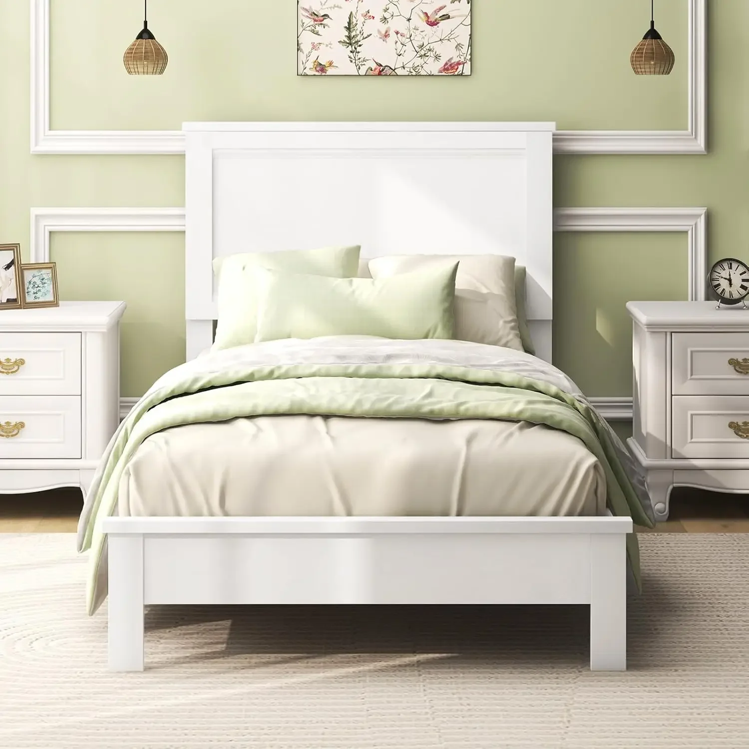 Wood Twin Bed Frames with Headboard, Mid Century Platform Bed Frame with Solid Wood Legs & Wooden Slat Support, Twin Bed