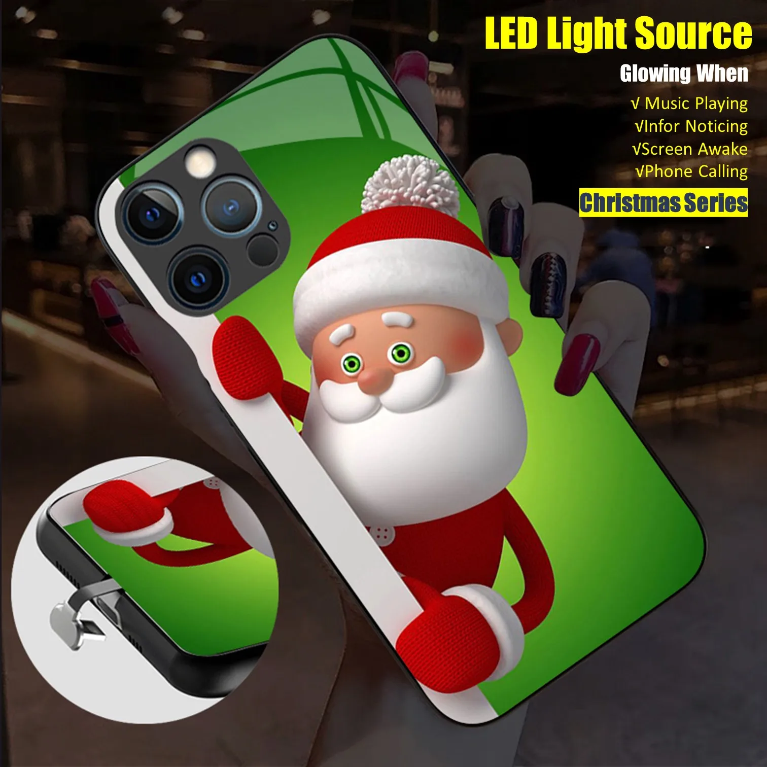 

Christmas Voice Sensing LED Light Glow Luminous Party Phone Case for iPhone 16 Pro Max Plus Tempered Glass for Gift Giving