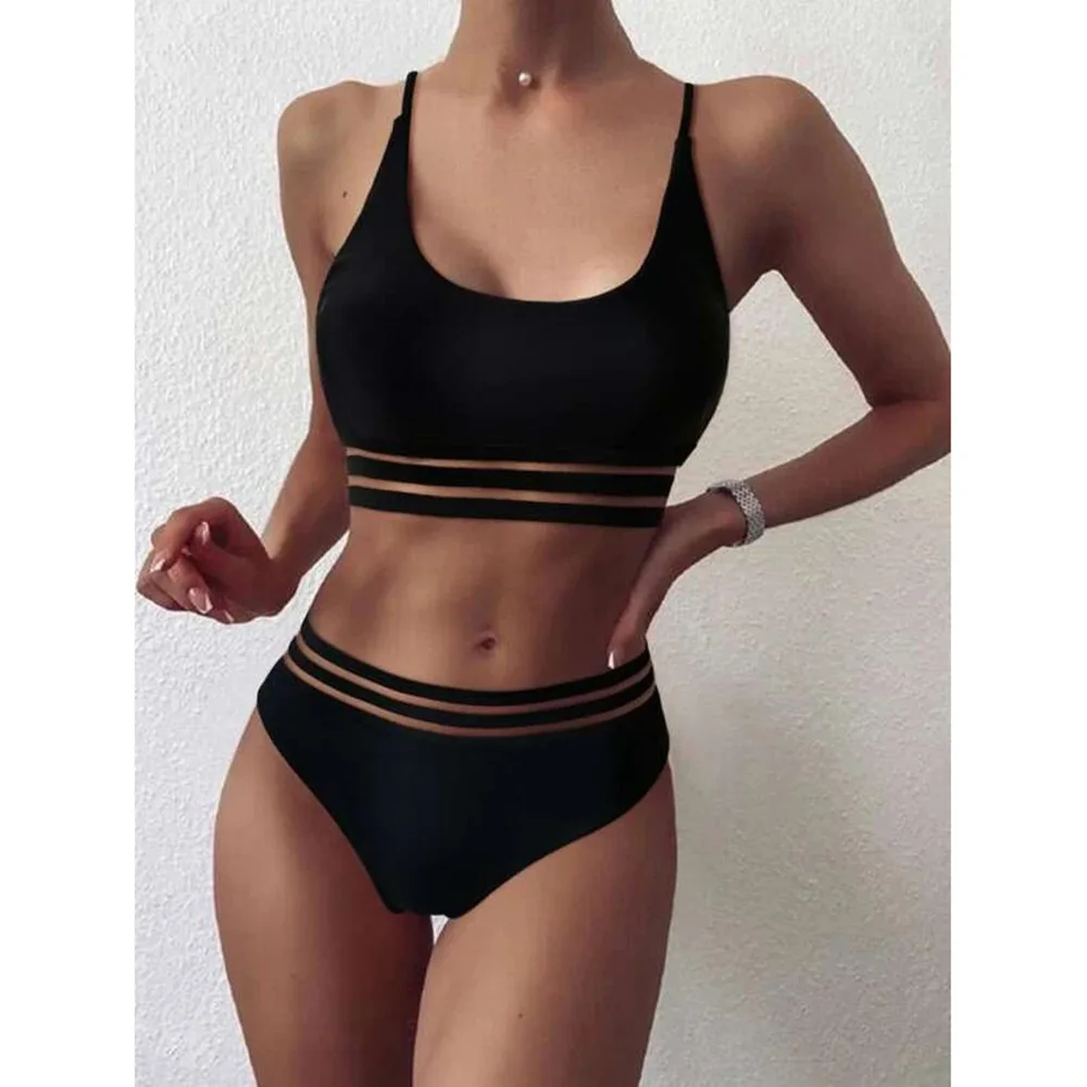 2024 Solid Color High Waist Bikini Set Sexy Bandage 2-piece Swimsuit Sport Tankini Suspender Swimwear Beach Bathing Suit New