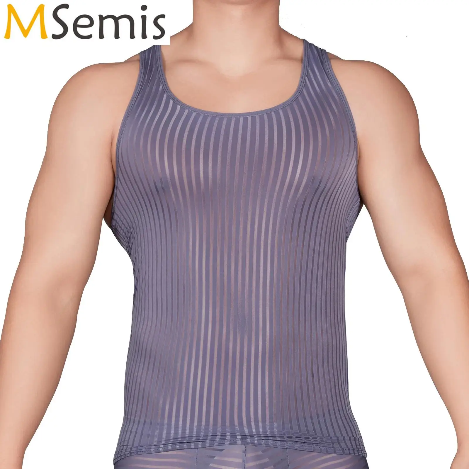 Mens Striped Sheer Tank Top U Neck Sleeveless Sports Vest Tops See-Through Stretchy Tops Pool Party Beach Bodybuilding Fitness