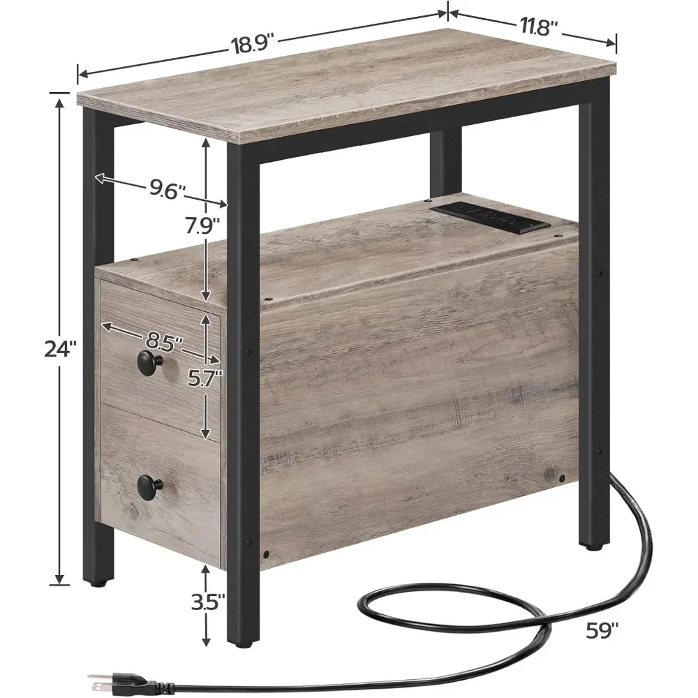 مجموعة قابلة للتخصيص مكونة من طاولتين نهائيين مع محطة شحن، وطاولة جانبية ضيقة مع أدراج ومنافذ USB ومنافذ طاقة، ومنضدة F