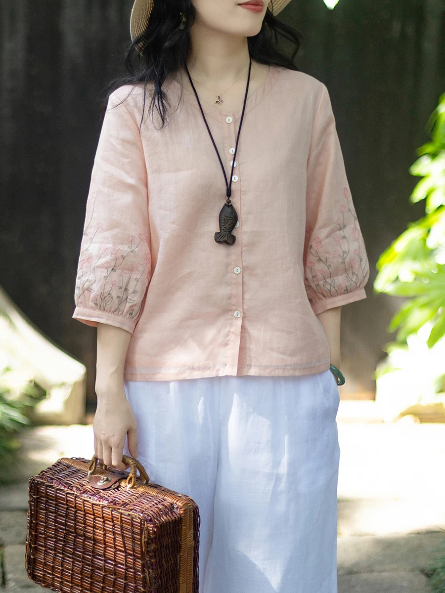 

Женская свободная блузка Nian Jiangnan с V-образным вырезом, рукавами-фонариками и вышивкой, из льна, повседневная, универсальная, летняя