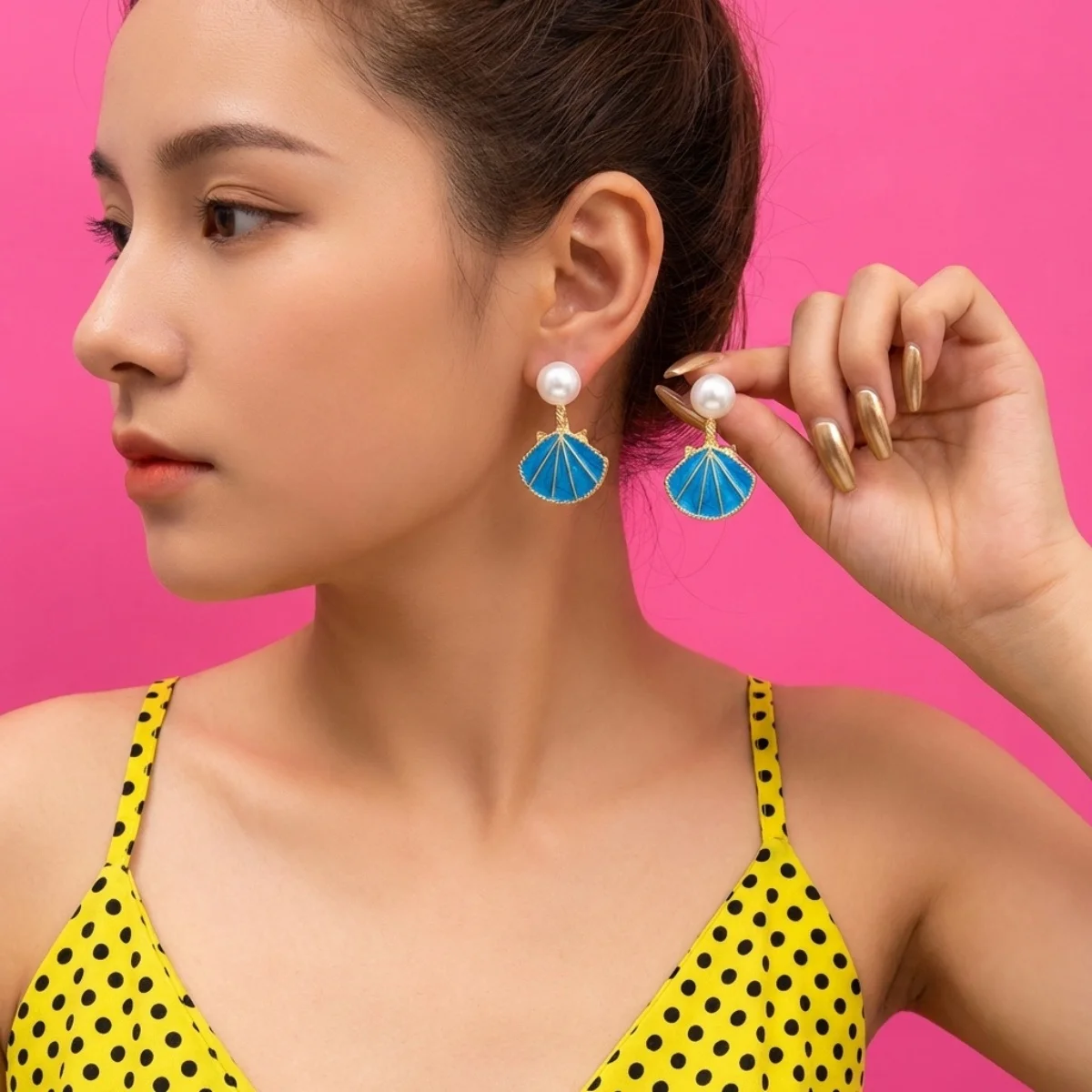 Imitationsperlen-Ohrstecker mit Emaille-Muschel-Rückseite für Damen und Herren, böhmische Ozean-Strand-Muschel-Ohrringe, Sommerparty-Schmuck – Detail 11