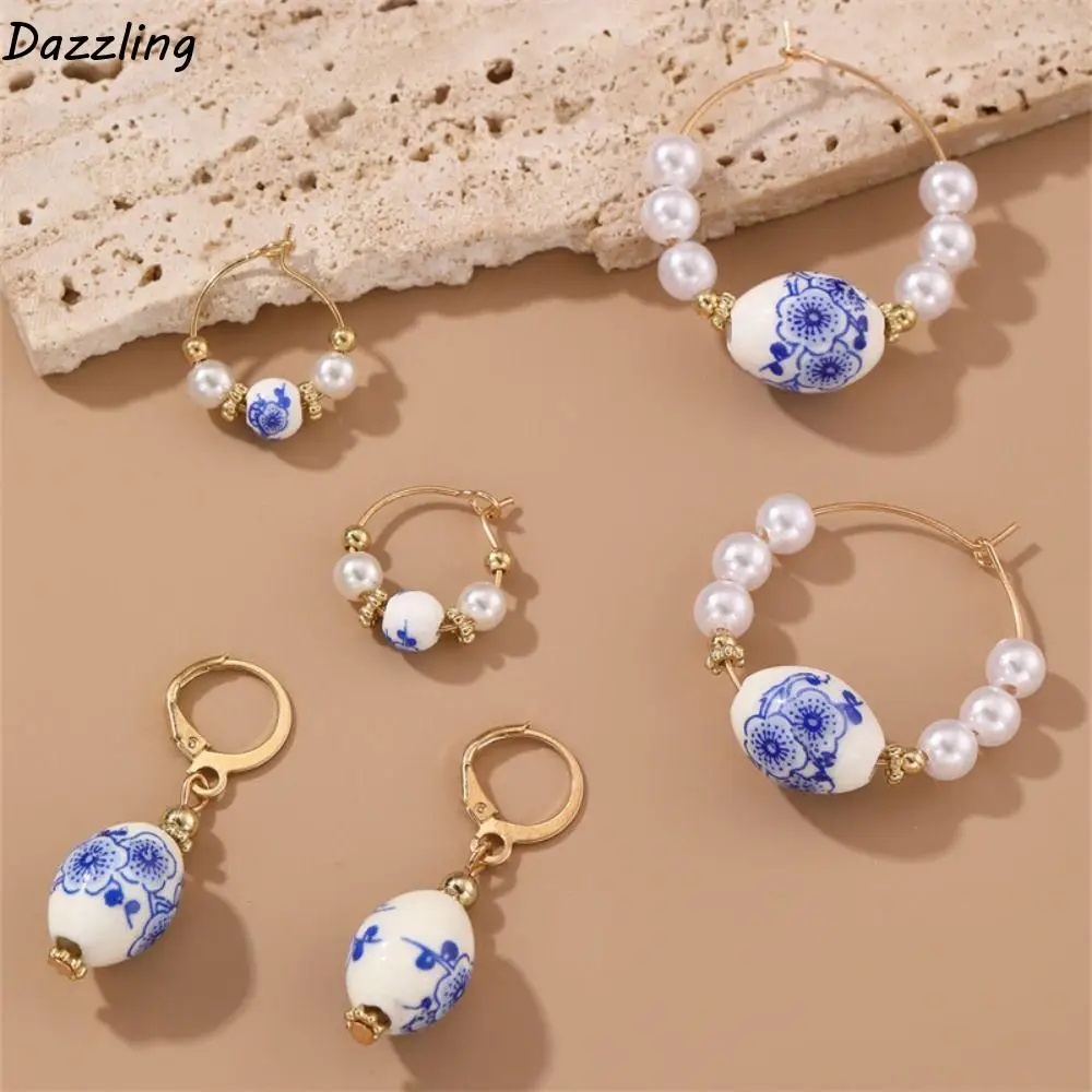 

Ceramics Pearl Dangle Earring Handmade Rice Bead Blue and White Porcelain Earrings Round Bohemia Earrings Flower Beaded Earring