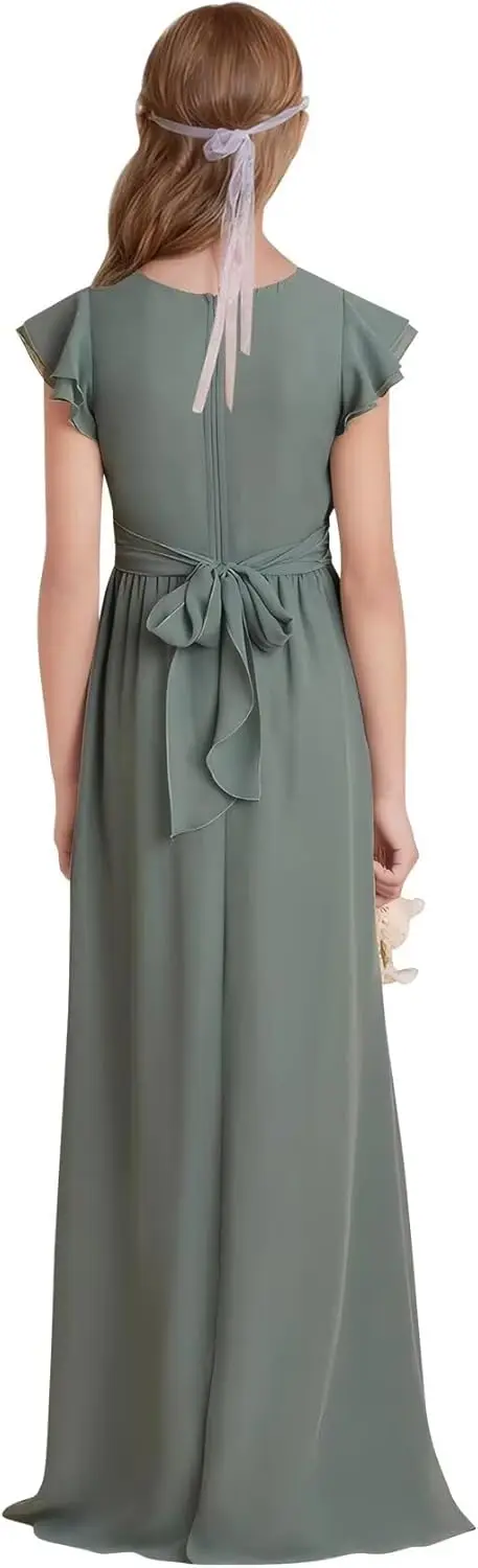 A-Linie Chiffon Junior Brautjungfernkleid Blumenmädchenkleid für Hochzeit Teenager Rüschenärmel Abschlussball Party Kleider Mädchenkleid