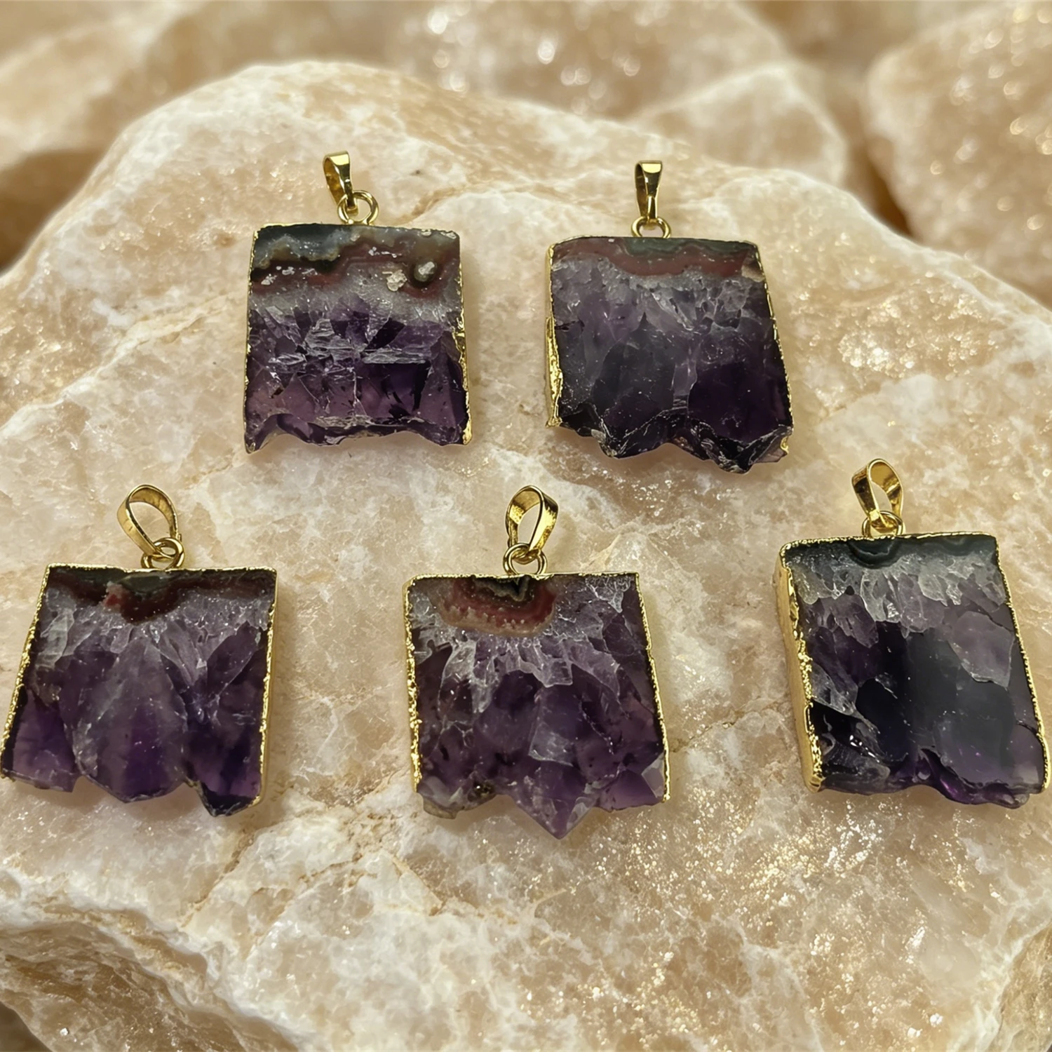 Rough Amethyst Irregular Slice Charms Golden Plated Natural Semi Precious Stone DIY Craft Supplies Bulk P2D1010