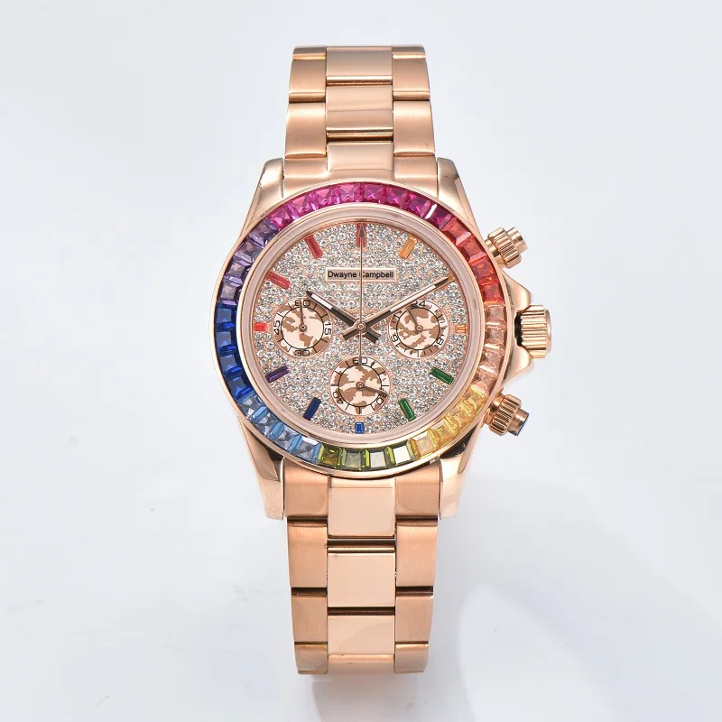 VK63 Chronograph Watch Men 40mm Colored Diamond Crystal Bezel Sapphire Crystal Custom S Logo Quartz Waterproof New Wristwatches