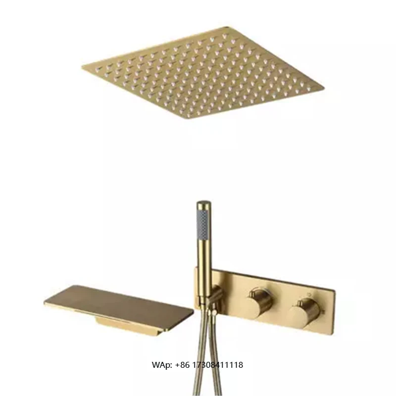 

Luxury 3-Way Concealed Ceiling Brushed Brass Shower Set Thermostatic Single Handle Square Shower Head Rain/Pause/Massage/Soft