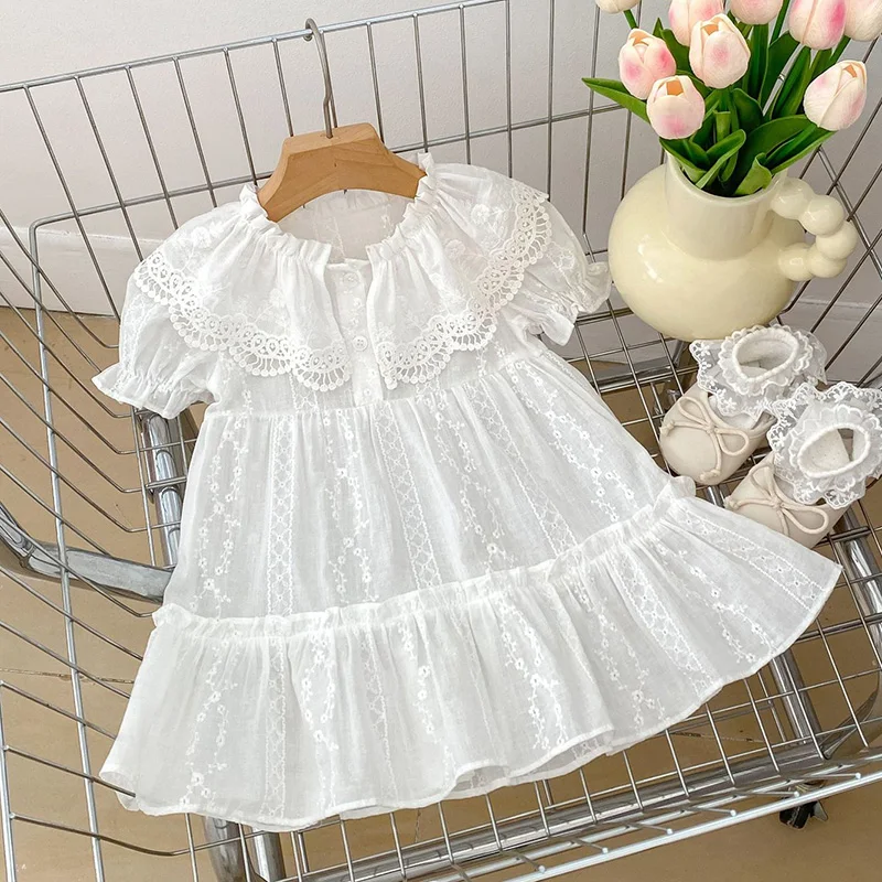 New Summer Sisters Clothes Kids Party Dress Girls Princess Dress Short Sleeved Cotton White Lace Sisters Toddler Baby Bodysuits