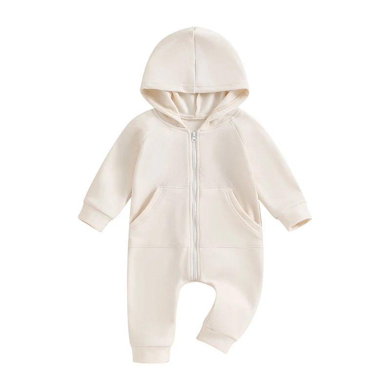 

Baby Boys Girls Hooded Jumpsuits Long Sleeve Solid Color Zip Up Rompers Newborn Fall Spring Clothes