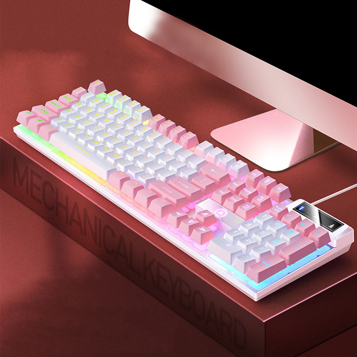 

Многоцветная светящаяся игровая клавиатура с подсветкой, полноразмерная проводная USB-клавиатура для компьютера, подвесные клавиши, утолщенная металлическая пластина, эргономичная