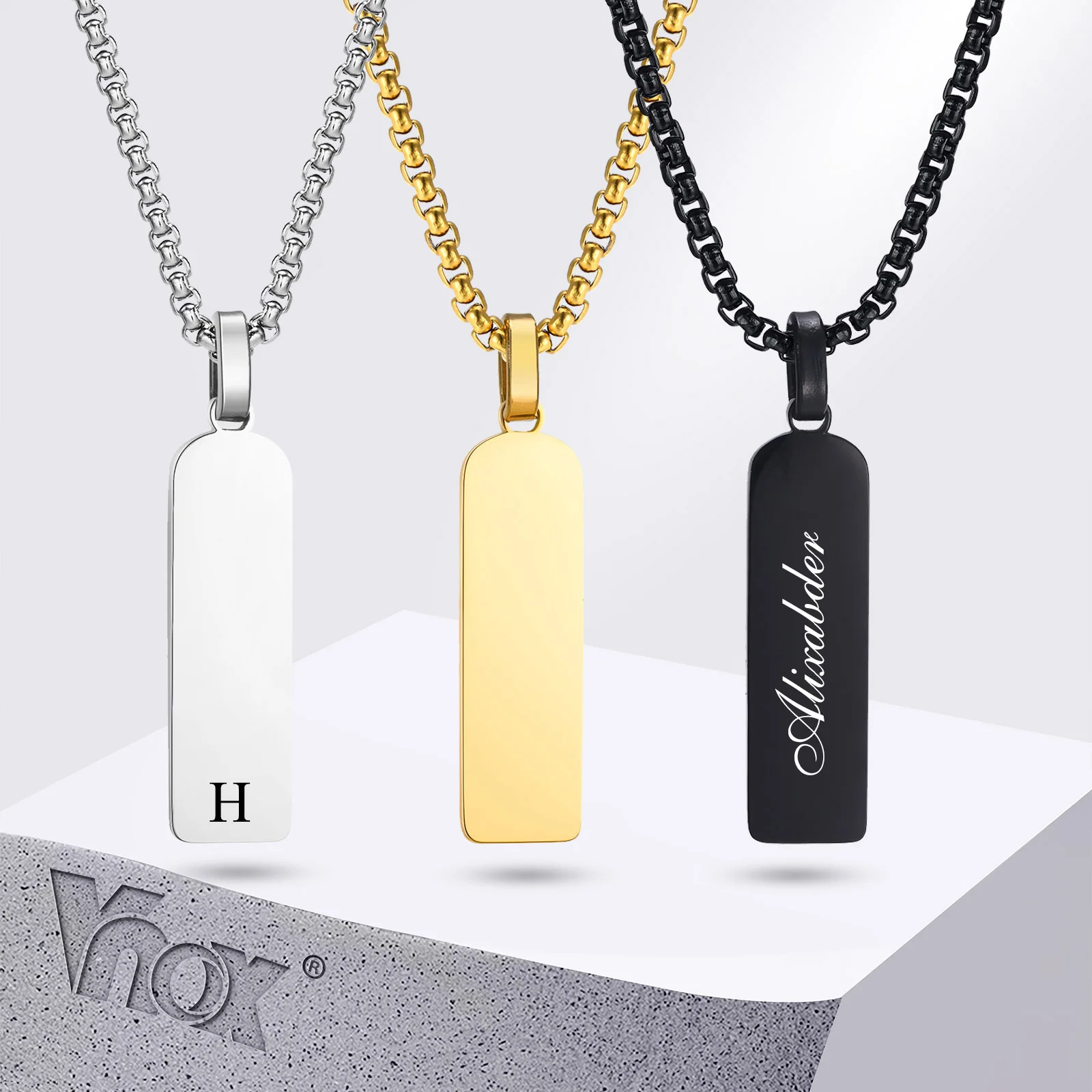 Vnox Free Custom Name Bar Necklaces for Men Women, Initial Date Engraved Stainless Steel Pendant, Unisex Geometric Collar Gift