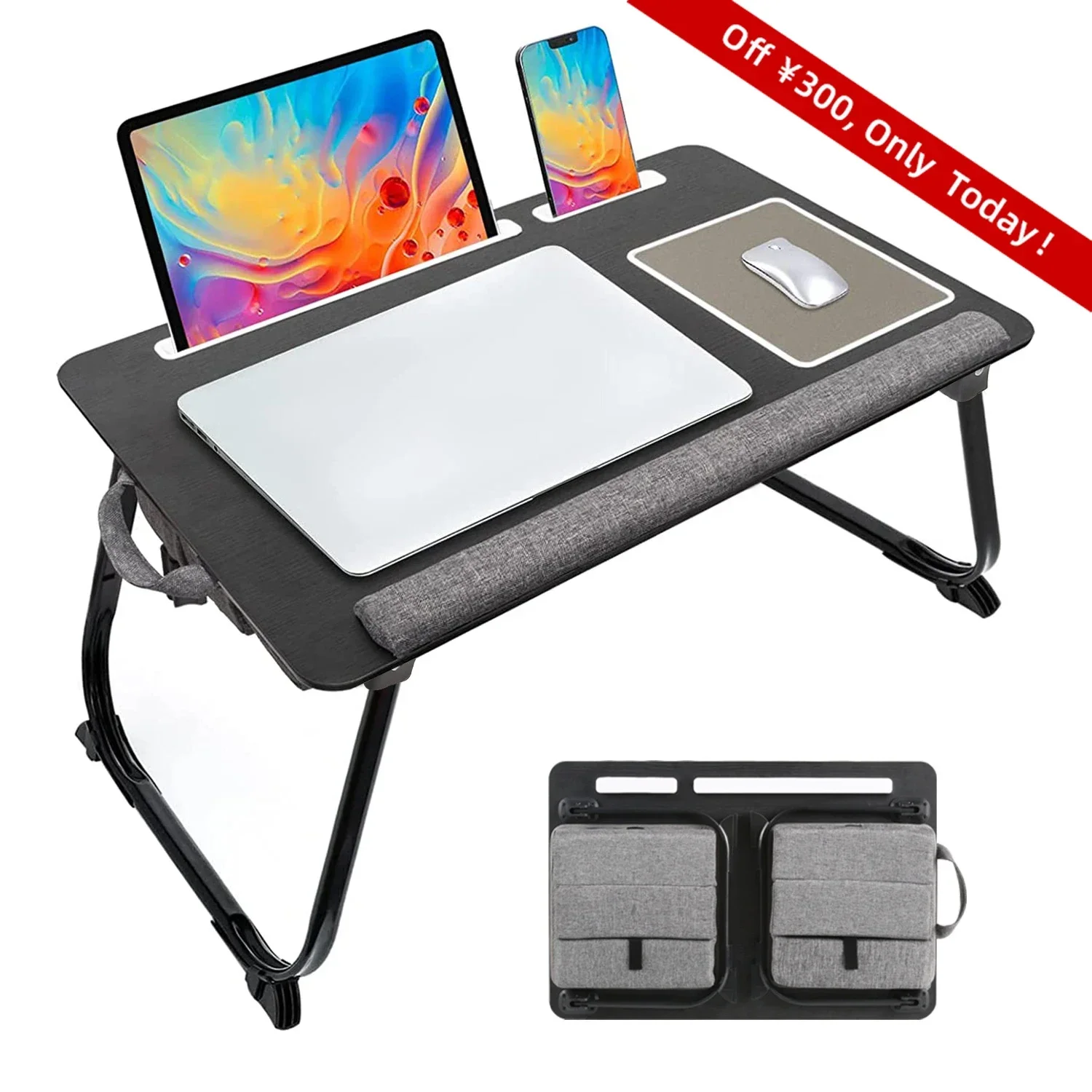 

MUMUCC Portable Bed Desk For Laptop Folding With Foldable Cushion,Handle,Slot And Mouse Pad, Wooden Gaming Study Table