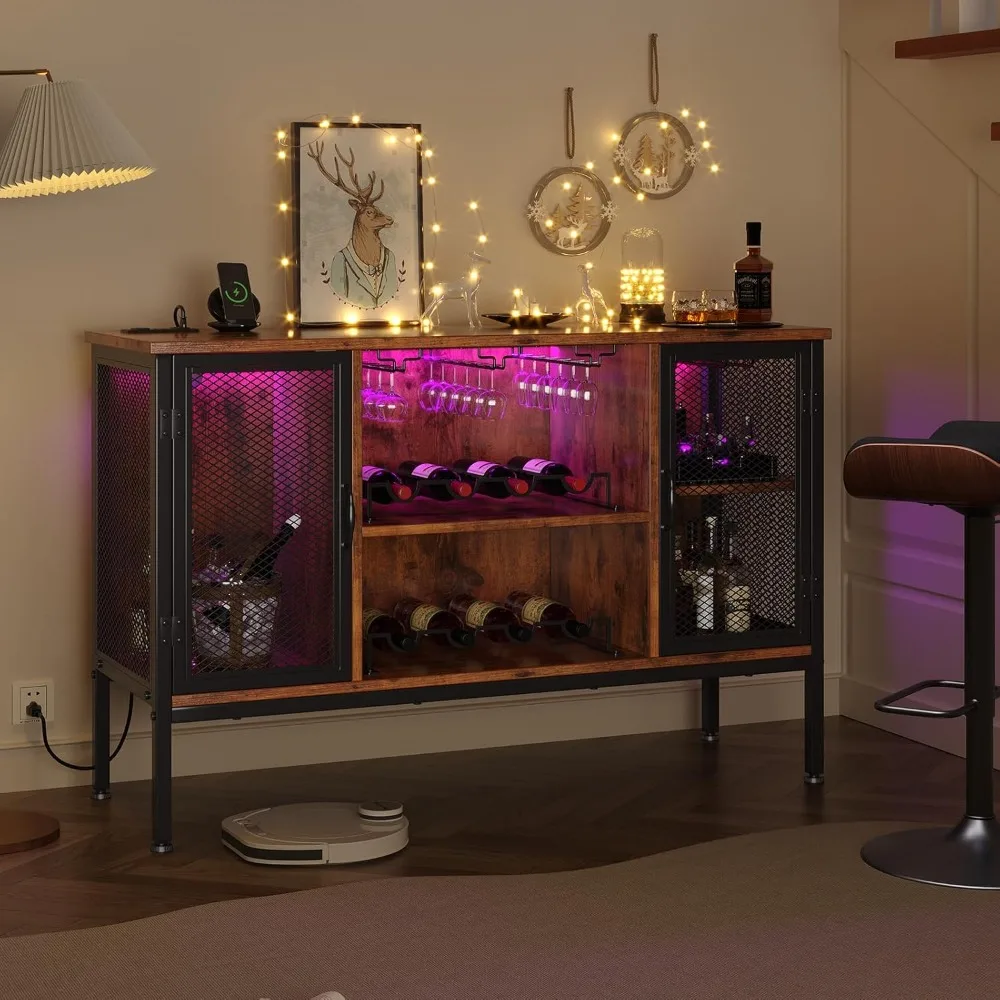 アップグレードされたワインバーキャビネット（背面パネル付き）、LEDライトと電源コンセント付きのリカーキャビネット、調節可能な棚、グラスホルダー