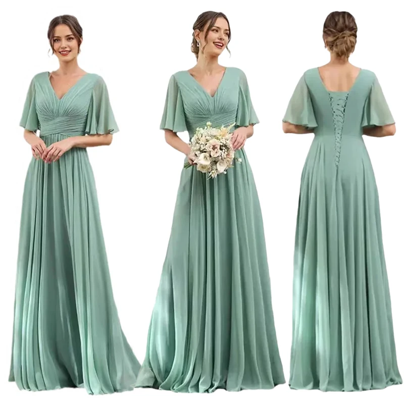 A Line Chiffon Bridesmaid Dresses Short Sleeve V Neck Slit Pleat Elegant Wedding Party Formal Prom Evening Lace Up Back