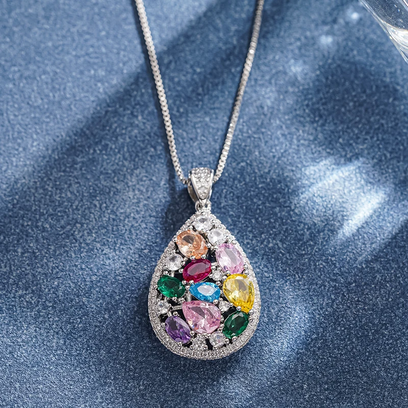 Gorgeous Raindrop Pendant Necklace with Colorful Cubic Synthetic Zirconia Wedding Trendy Women's Necklace Luxury Jewelry Gifts