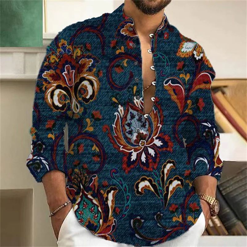 

2024 new men's fashionable casual standing collar long sleeved lightweight and comfortable top, linen blend 3D digital printing