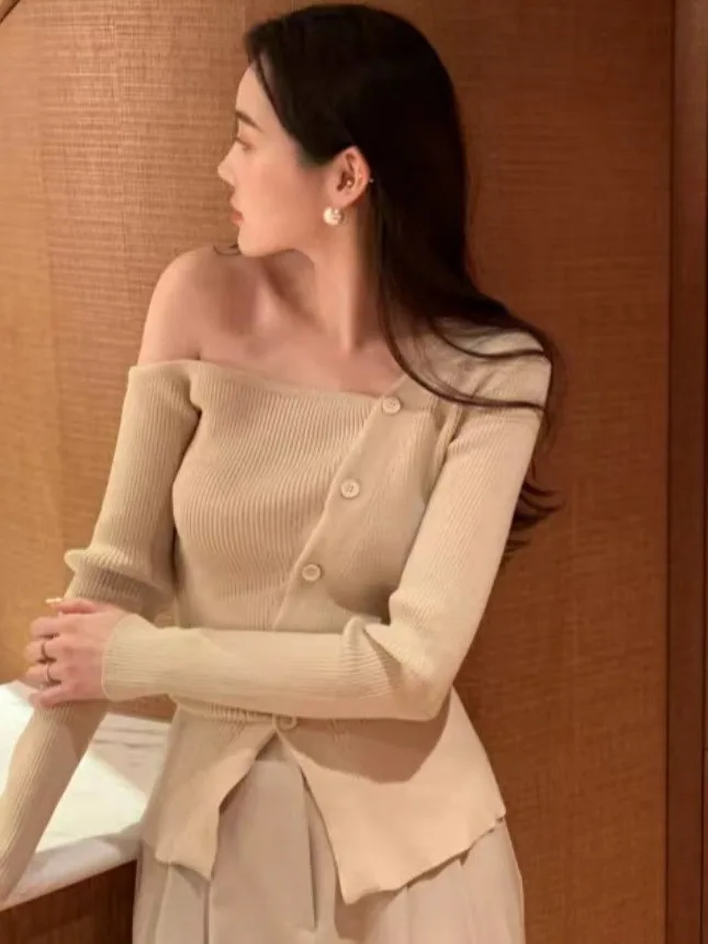 

Ele Осенний трикотаж oulder Bared Long Sve Асимметричный дизайн с эффектом похудения Chic Sle Ladies Faion Top