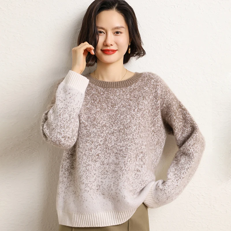 Women\'s 100% Goat Cashmere Knit Round Neck Sweater 2023 Autumn/Winter New O-Neck Pullover Soft Comfortable Loose Tops For Female