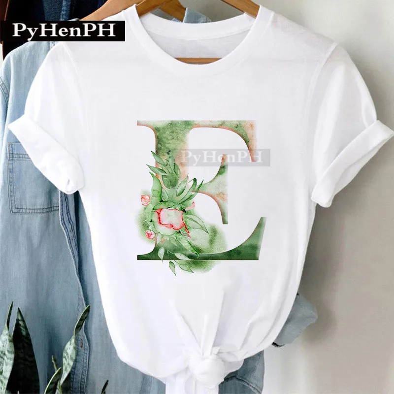 26 Alphabet Tshirt Personalized Watercolor Letter Print Women's Summer T-shirt Short Sleeve White Everything Tops  Harajuku