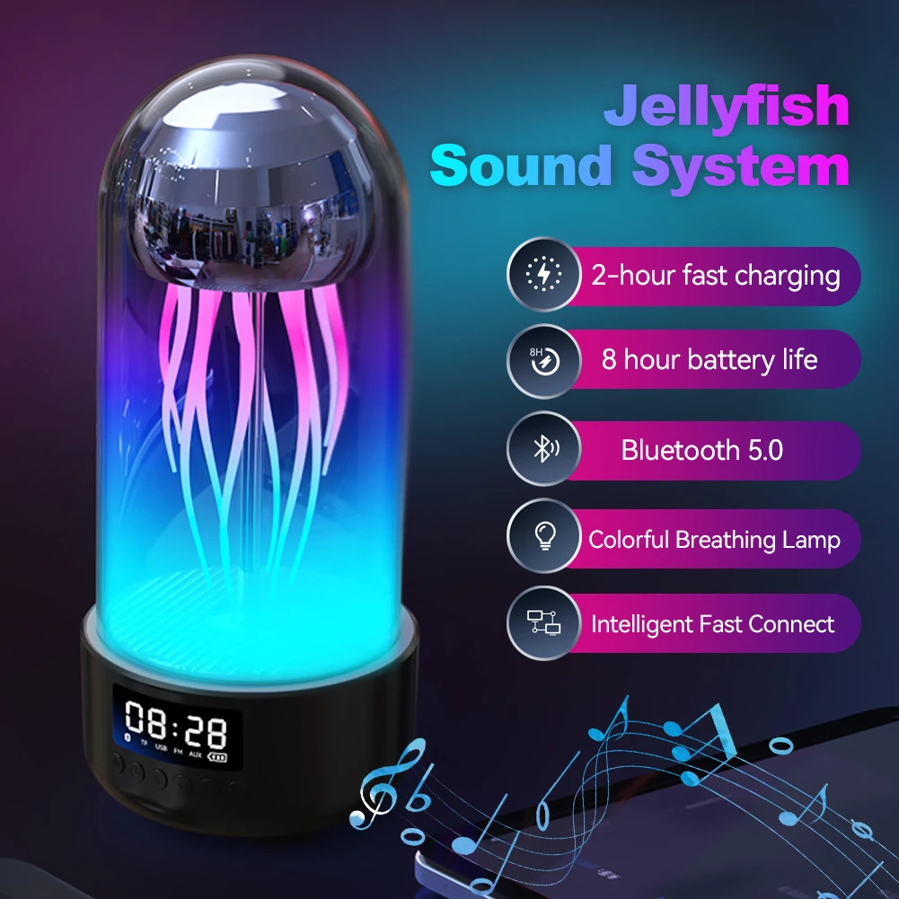 Creative 3in1 Colorful Jellyfish Lamp With Clock Luminous Portable Stereo Breathing Light Smart Decoration Bluetooth Speaker