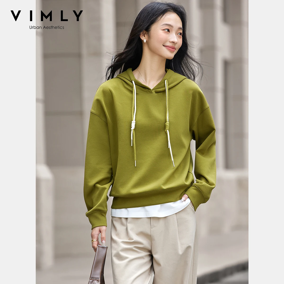 VIMLY Women Hoodies 2025 Autumn New Sports Hooded Sweatshirts Female Knitted Casual Long Sleeve draw string Ladies Tops A2075