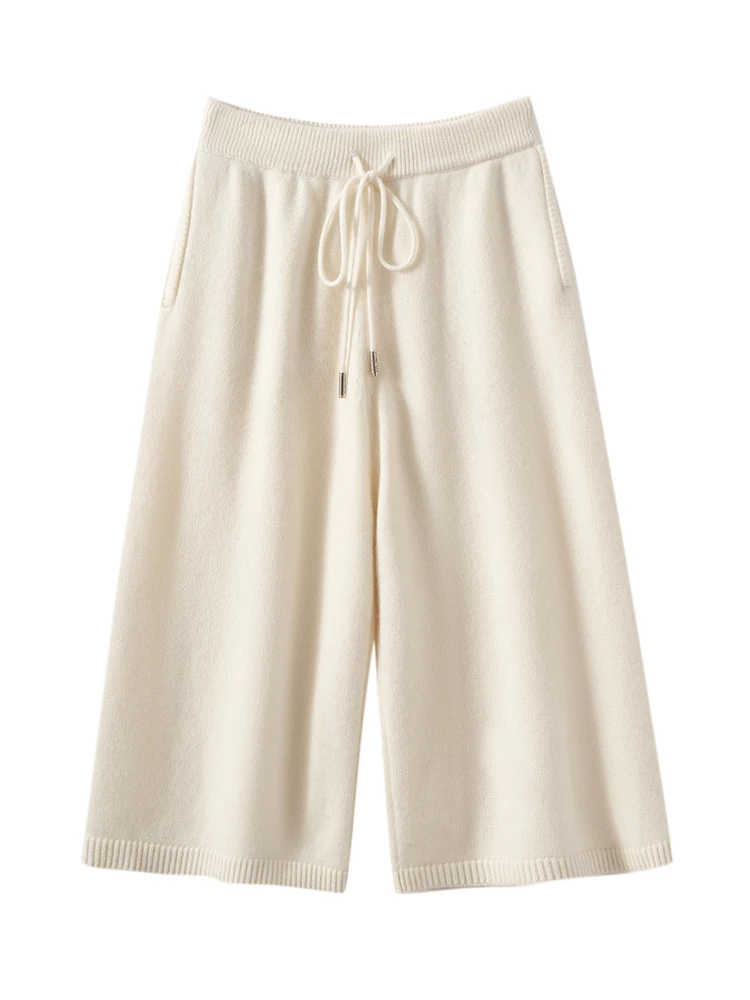 TLOML New Women 100% Cashmere Knit Pant Calf-length Pants Autumn Winter Chic Thick Wide Leg Pants Cashmere Knitwear Casual Style