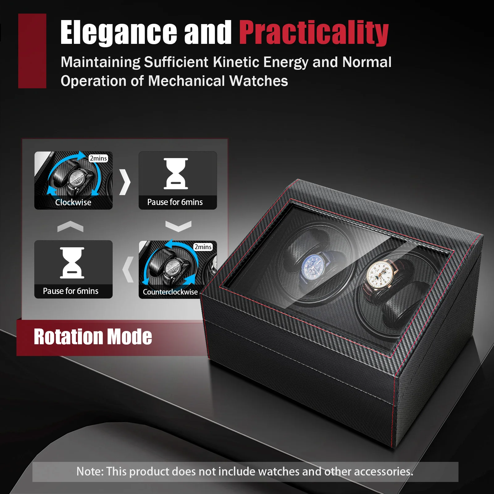 Mechanical Watch Winder - Non-Magnetic, Watch Box, 4 Display Compartments, 6 Storage Slots, Quiet Motor