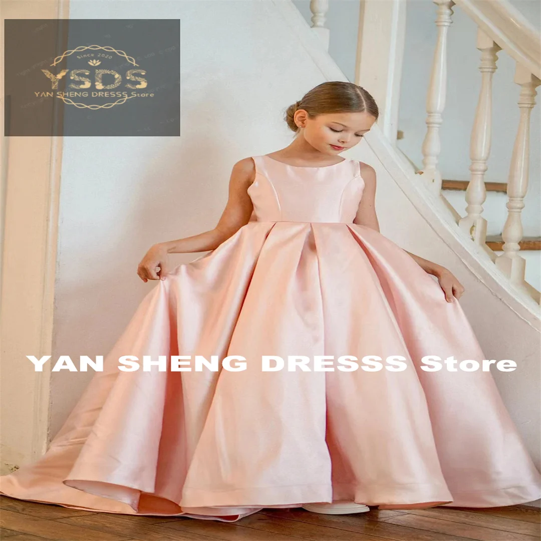 فستان زفاف مخصص من الساتان مع فيونكة بدون أكمام على شكل حرف V من الخلف فستان فتاة الزهور للأميرة الطفل أول فستان حفلة عيد ميلاد إفخارستيا