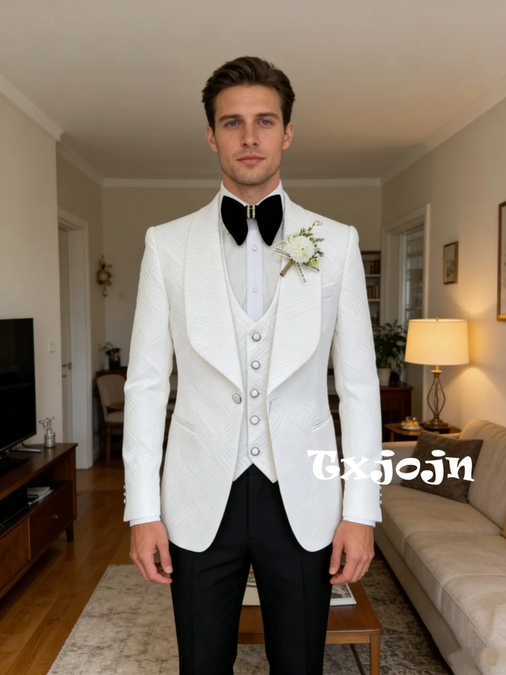 

Jacquard Handsome Men's Suits 3 Pieces With Bowtie Wedding Groom Sets Wear White Elegant Man Slim Fit Tuxedo For Banquet Party