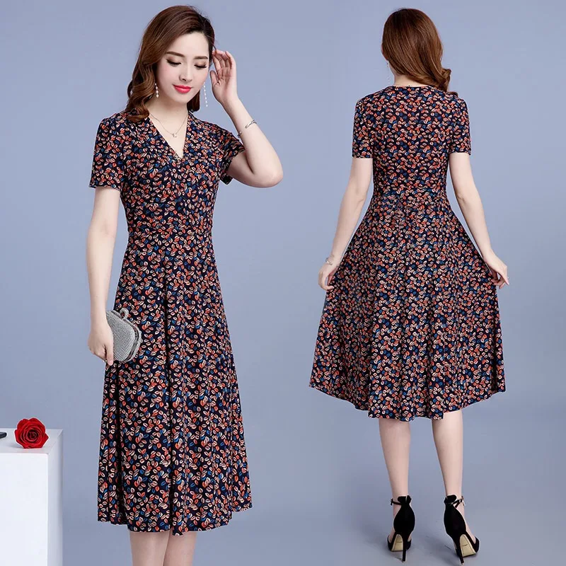 女性用リーフプリントのマキシドレス,自由奔放に生きる,半袖,ラインA,Vネック,分割,韓国語,夏,カジュアル,ニューコレクション2022