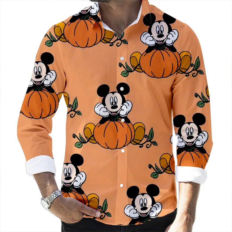 2022 New Halloween Fall Popular Disney Brands Goofy and Mickey Casual 3D Printed Long Sleeve Lapel Shirt Slim Fit Men\'s Top