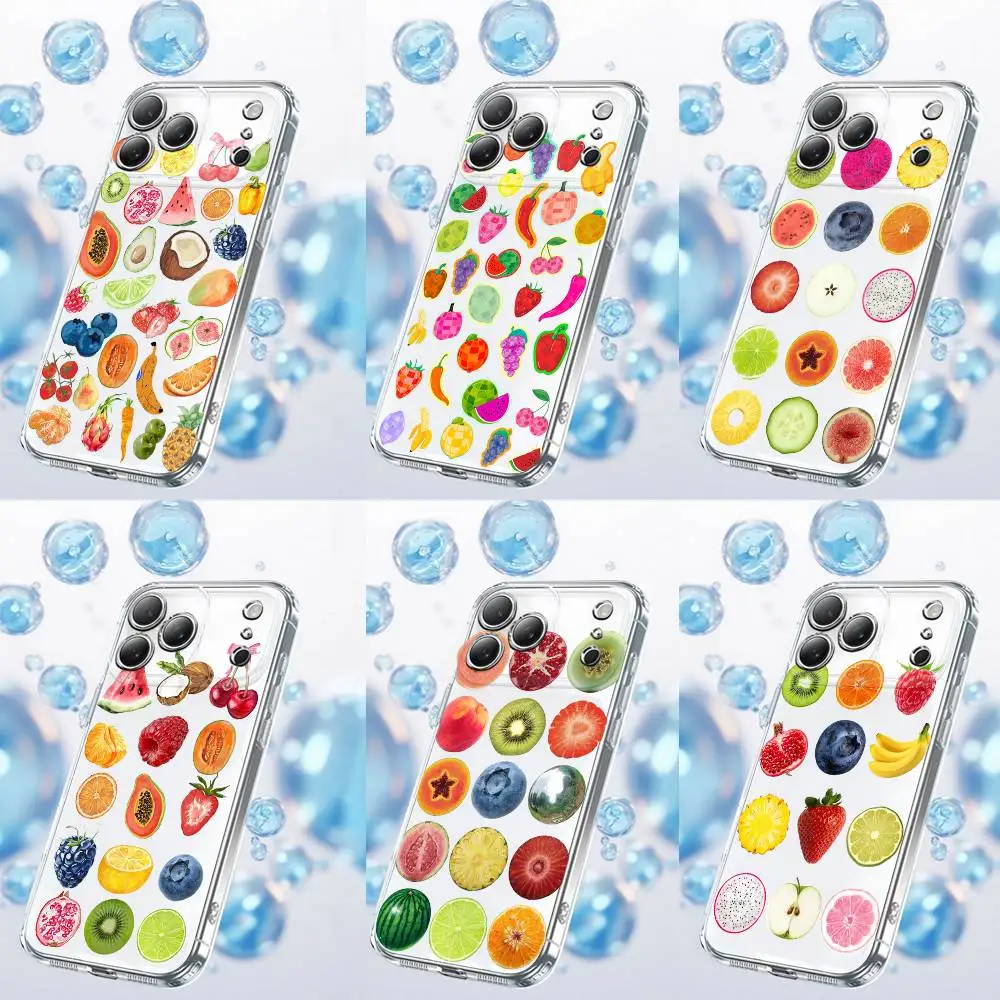 Etui na telefon iPhone 17, 16, 15, 14, 13, 12, 11 Plus, Pro, Max, Plus, E, SE4, Air, Mini, przezroczyste, letni wzór owocowy, kolaż.