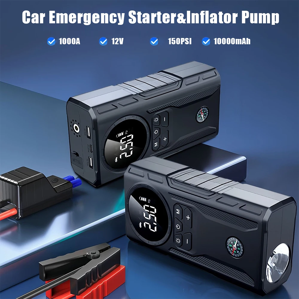 Car Jump Starter Power Bank 150PSI 1000A with Tire Inflator Portable Air Pump Air Compressor Battery Booster with EVA Bag LED