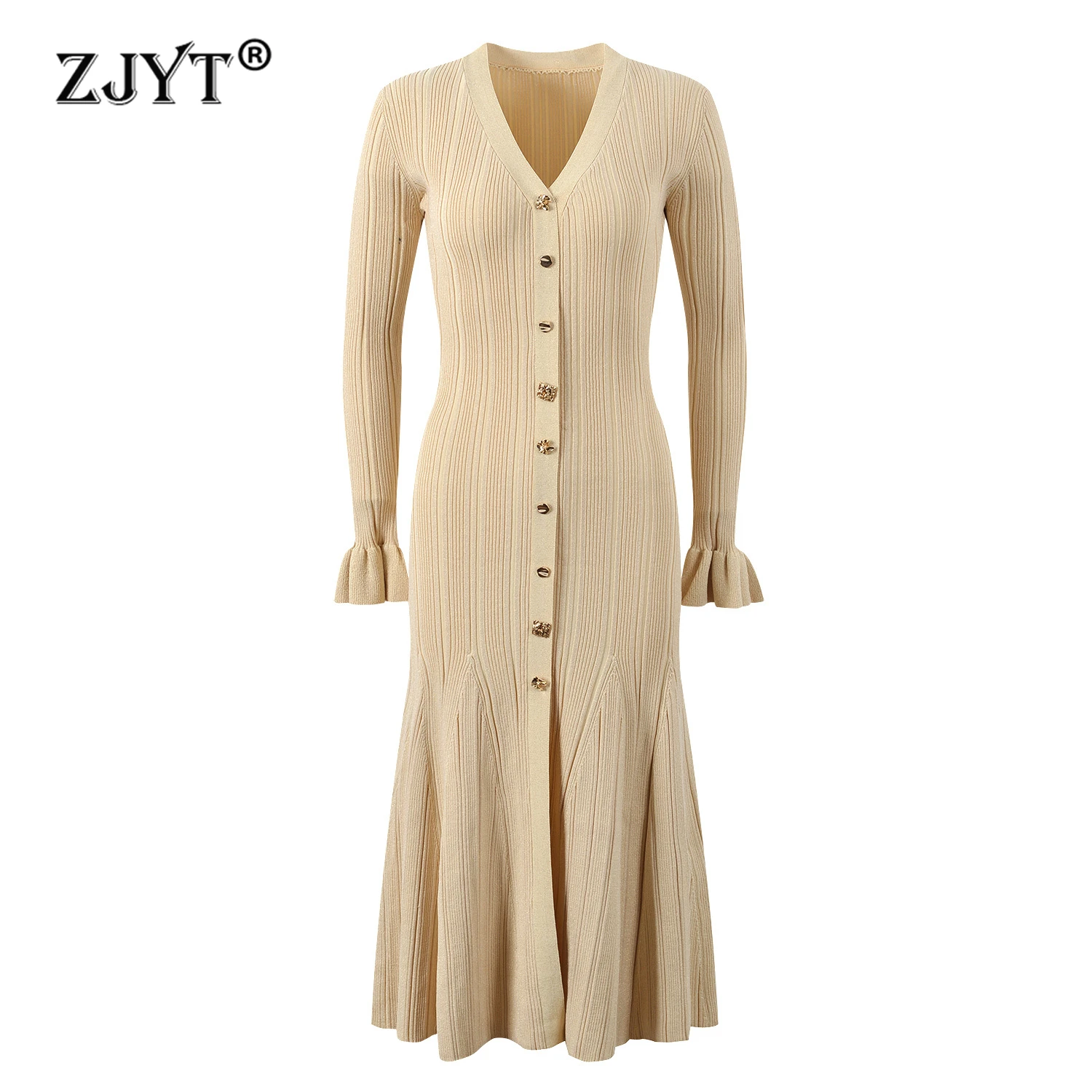 

ZJYT Elegant Women's Flare Sleeve Bright Silk Knitting Sweater Dresses Autumn V Neck Single Breasted Midi Mermaid Dress Party